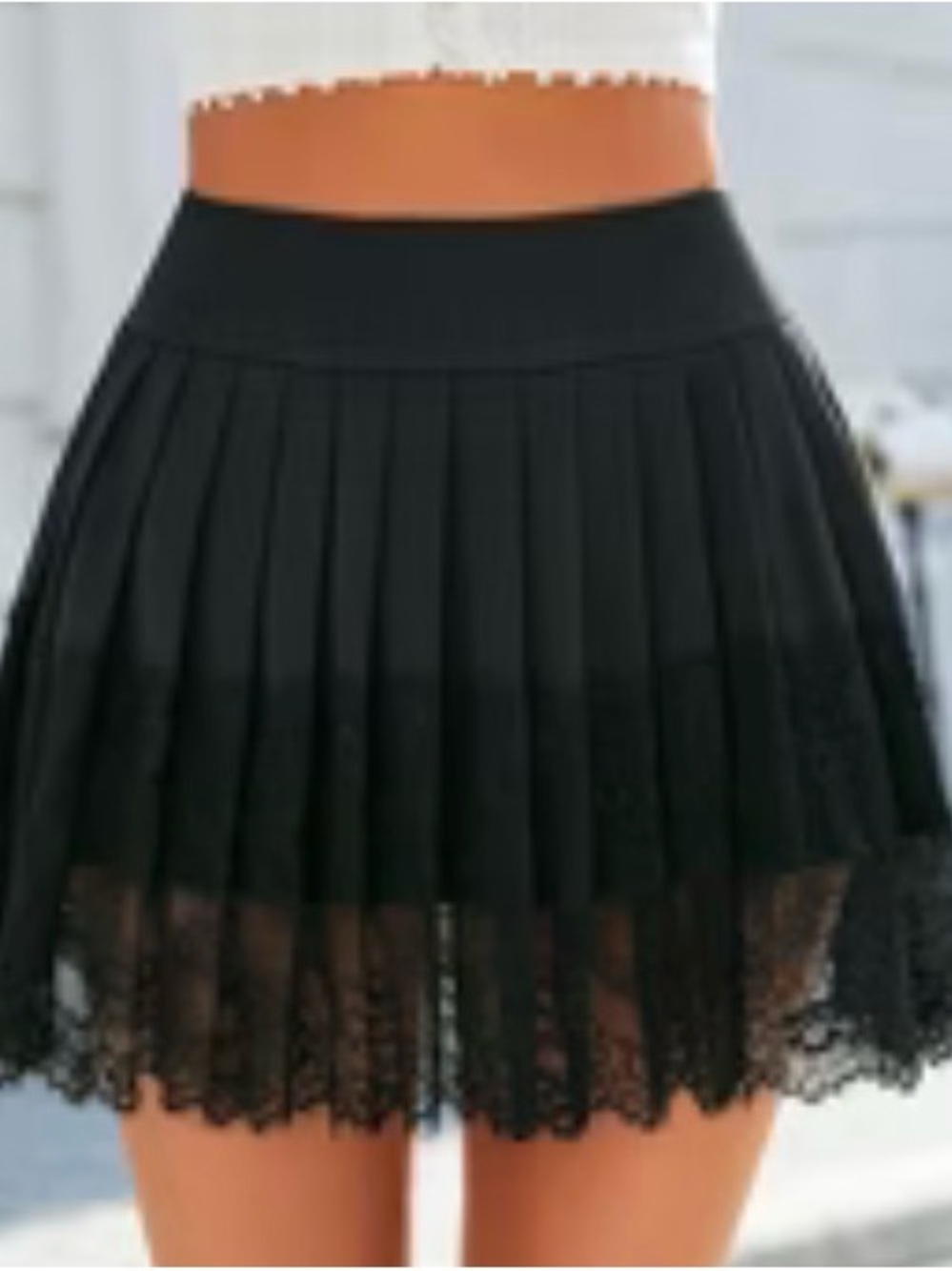 Black & White Pleated Lace Trim Mini Skirts - Picture 1 of 3